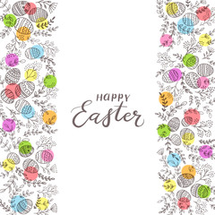 Abstract colored circles with eggs and lettering Happy Easter on white background