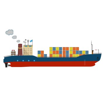 Container ship in export and import business and logistics. Shipping cargo to harbor by crane. Water transport International. Vector illustrated icon with solid and flat color style design.