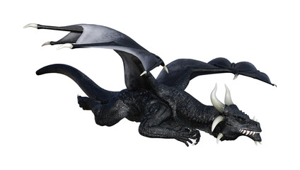 3D Rendering Fantasy Black Dragon on White