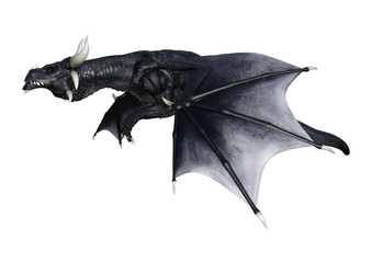 3D Rendering Fantasy Black Dragon on White