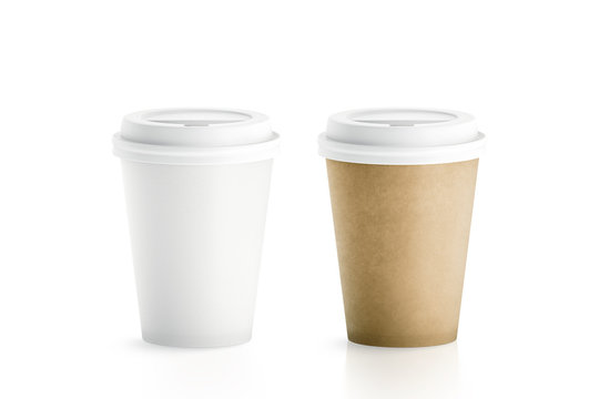 Blank White And Brown Disposable Paper Cups With Plastic Lid Mock Up Isolated, 3d Rendering. Empty Polystyrene Coffee Drinking Mug Mockup Front View. Clear Plain Tea Take Away Package, Cofe Branding.