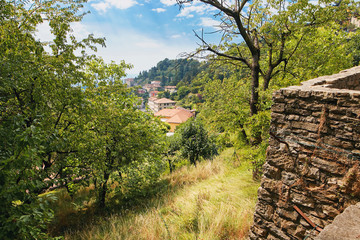 Bergamo, Italy - August 18, 2017: Panoramic view of the city of Bergamo from the castle walls