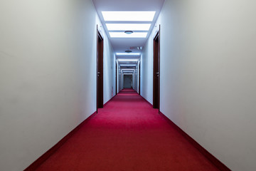  Hotel corridor with a red carpet
