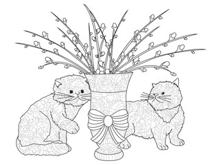Fluffy pussy willow bouquets, two kittens. An arrangement in the vase. Anti stress coloring, vector