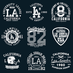 Los Angeles, California typography. Set of athletic print for t-shirt design. Graphics for sport apparel. Collection of tee shirt badge. Vector illustration.