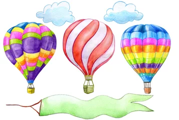 Papier Peint photo Ballons à air aquarelle Ensemble d& 39 illustration aquarelle de montgolfières