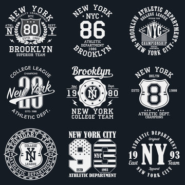 New York, Brooklyn typography. Set of athletic print for t-shirt design. Graphics for sport apparel. Collection of tee shirt badge. Vector illustration.