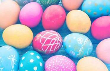 Fototapeta na wymiar Background of colorful Easter eggs. Happy Easter. vintage style