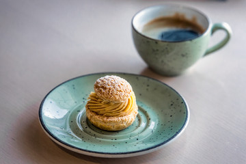 Beautifully decorated cream slice on plate at a bakery shop in Minsk, Belarus.