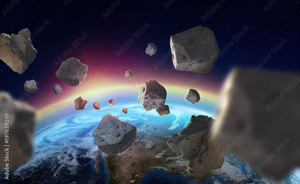 Poster Asteroids near the planet Earth. Ozone layer. A view of the globe from space. Elements of this image are furnished by NASA