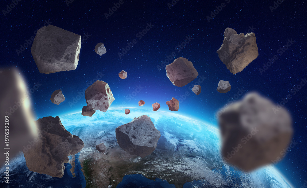 Poster Asteroids near the planet Earth. A view of the globe from space. Elements of this image are furnished by NASA