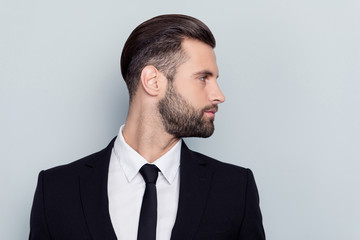 Side half-faced profile portrait of stunning smart clever rich stylish trendy stock marketer broker...