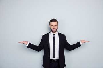 Product promotion leader people shopping discount concept. Portrait of honest satisfied cheerful excited joyful enjoying smart clever intelligent marketer holding empty space isolated gray background