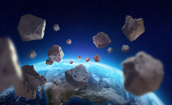 Asteroids near the planet Earth. A view of the globe from space. Elements of this image are furnished by NASA