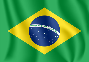 Flag of Brazil. Realistic waving flag of Federative Republic of Brazil. Fabric textured flowing flag of Brazil.