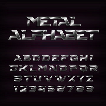Metal effect alphabet font. Futuristic steel letters and numbers. Stock vector typography for your design.