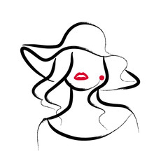 Vector artistic hand drawn stylish young lady portrait isolated on white background. Fashion girl model icon. Woman in hat. Beauty illustration, logo design. Fashion poster, placard, banner.