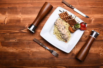 Table served for one in restaurant or cafe. Traditional cuisine