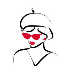 Vector artistic hand drawn stylish young lady portrait isolated on white background. Fashion girl model icon. Woman in hat. Beauty illustration, logo design. Fashion poster, placard, banner.