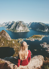 Woman enjoying aerial mountains view  travel in Norway healthy lifestyle concept adventure outdoor...