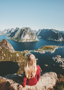 Woman enjoying aerial mountains view  travel in Norway healthy lifestyle concept adventure outdoor summer vacations Lofoten islands