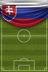 Fototapeta premium Slovakia country flag draped over a football soccer pitch. 3D Rendering