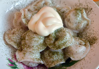 the food is hearty, tasty pies with meat Russian cuisine