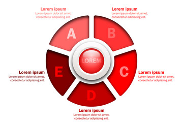 Five topics Red chart in paper cut style with marble circle in center for website presentation cover poster vector design infographic illustration concept
