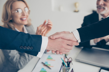 Close up portrait of two elegant classic partners making handshake above signed contract in work place, workstation, smiling joyful happy colleagues clap their hands on blurred background