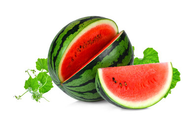 whole and slices watermelon with green leaves isolated on white background - obrazy, fototapety, plakaty