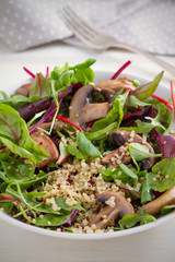 Healthy salad bowl with quinoa, mushromms and mixed greens. Healthy vegetarian and vegan food