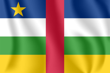 Flag of Central African Republic (CAR). Realistic waving flag of Central African Republic. Fabric textured flowing flag of Central African Republic.