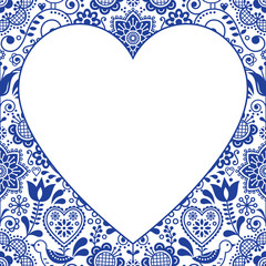 Folk heart design greeting card, Scandinavian floral vector pattern in navy blue and white