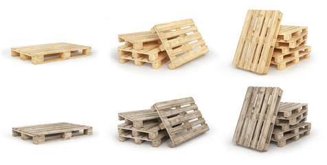 Set of stack of wood pallets isolated on a white. 3d illustration - obrazy, fototapety, plakaty