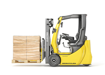 Modern forklift hold pallet with cardboard boxes wrapped in film on a white background. 3d illustration © sveta