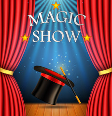 Background with a red curtain and a spotlight with Realistic magic hat with magic wand for magic show . vector illustration