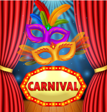 Circus show with sign board carnival , mask carnival and light frame. vector illustration