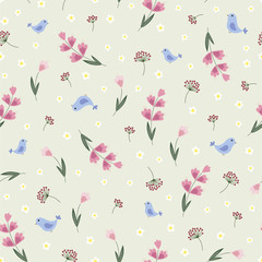 Floral seamless pattern with flowers and birds. Vector.