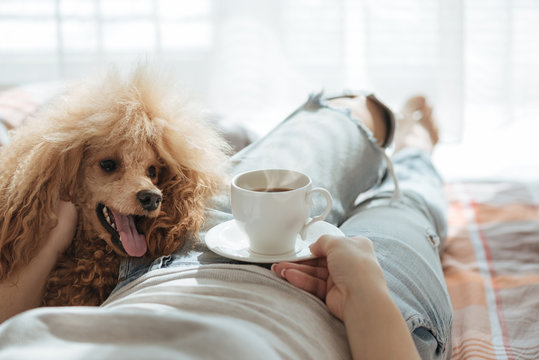 Young woman is resting with a dog on the bed at home with cup of coffee. Breakfast.
