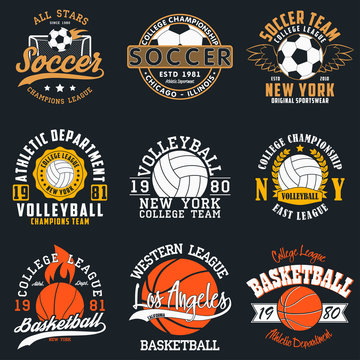 Sports game typography - soccer, volleyball and basketball. Set of athletic print for t-shirt design. Graphics for sport apparel. Collection of tee shirt badge. Vector.