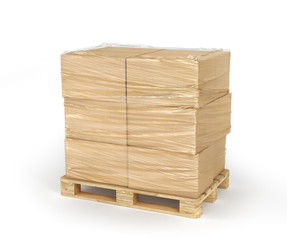 Cardboard boxes wrapped polyethylene on wooden pallet isolated on white background. 3d illustration