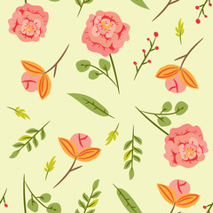 Seamless pattern with leaves and pink roses. Botanical floral backdrop. Flat  illustration.