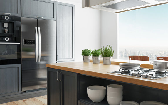 Cucina moderna di design minimal, luminosa con arredo, 3d render
