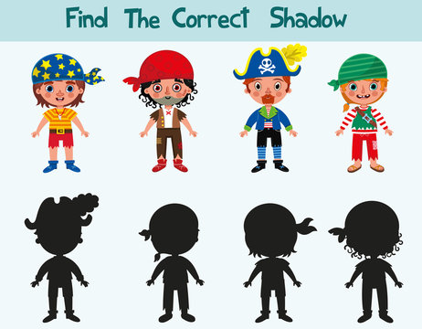 Find the correct shadow of pirates. Game with silhouettes for children. (Vector illustration)