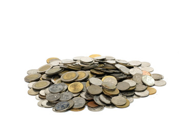 pile of coins on a white background.