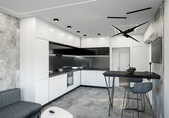 white kitchen interior 3d rendering