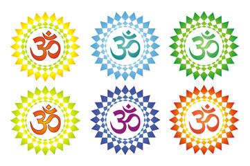 Aum sign in geometric halo. Mandala Spiritual Symbol. 6 color options. Vector drawing 