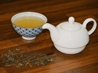 Green tea time on wooden background