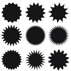 Set of vector starburst, sunburst badges. Simple flat style vintage labels, stickers.
