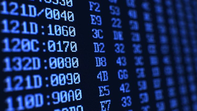 Computer Code Running on the Data Screen with DOF Blur. Blue Color Coding Animation Design. Technology Concept. 4k UHD 3840x2160.